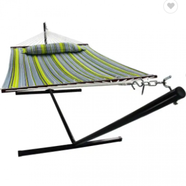 Double Quilted Hammock Bed With Spreader Bar And Detachable Pillow Outdoor Patio Portable Stripe Hammock Bed