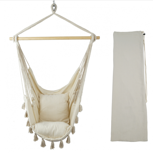 Macrame Swing Hammock Chair With Tassels Indoor Hanging Swing Chair with Two free Pillow and Pocket