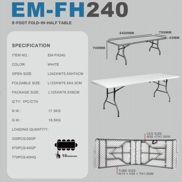 ​​FH240(242X75.5x74cm) 8-FOOT FOLD  IN HALF TABLE 