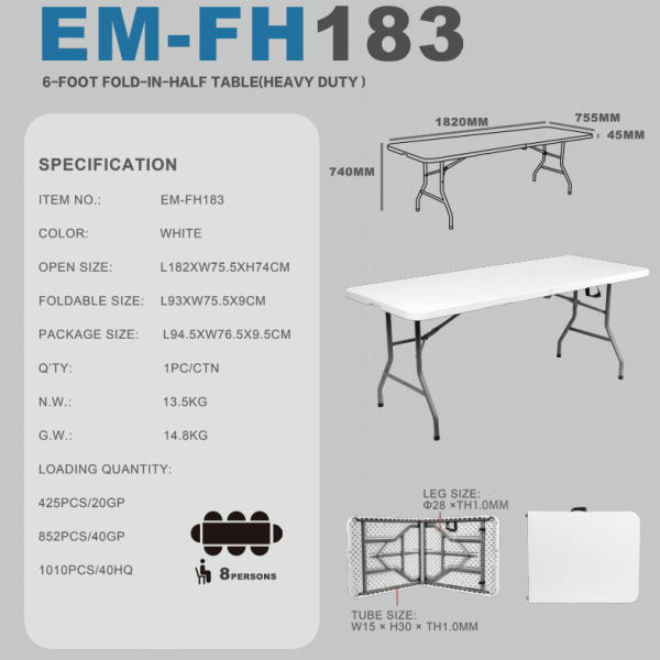 FH183(182X75.5X74cm) ​8-FOOT FOLD  IN HALF TABLE (HEAVY DUTY) 
