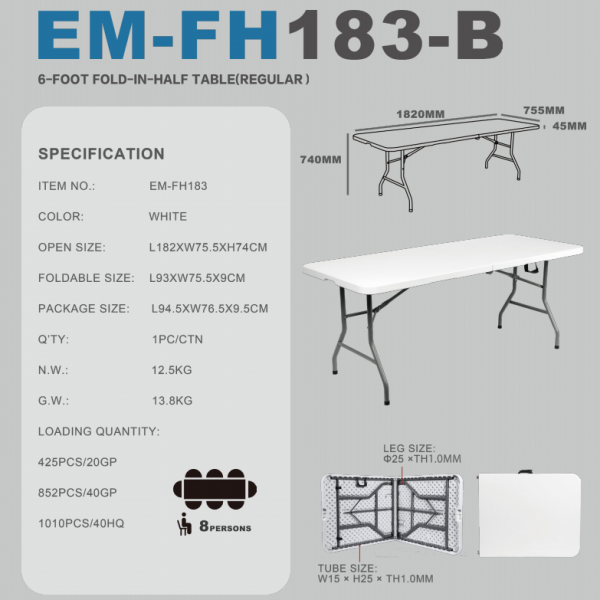 FH183B(182X75.5X74cm) 8-FOOT FOLD  IN HALF TABLE(REGULAR) 