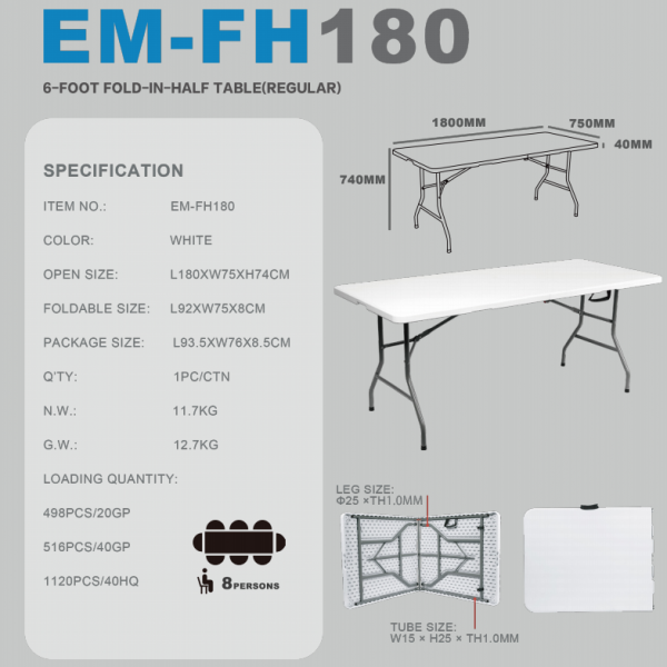 H180(180x75x74cm) 6-FOOT FOLD  IN HALF TABLE(REGULAR) 