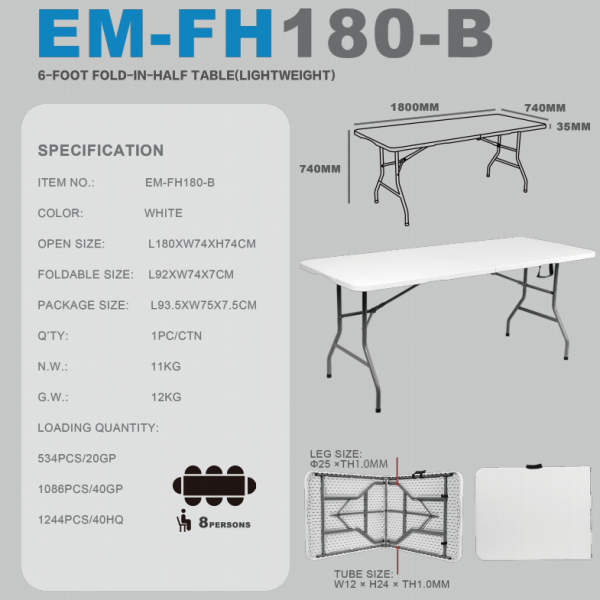 FH180-B(180X74X74cm) 6-FOOT FOLD  IN HALF TABLE(LIGHTWEIGHT)