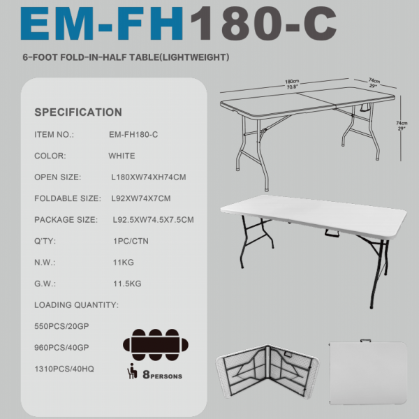 FH180-C(180X74X74cm) 6-FOOT FOLD  IN HALF TABLE(LIGHTWEIGHT)