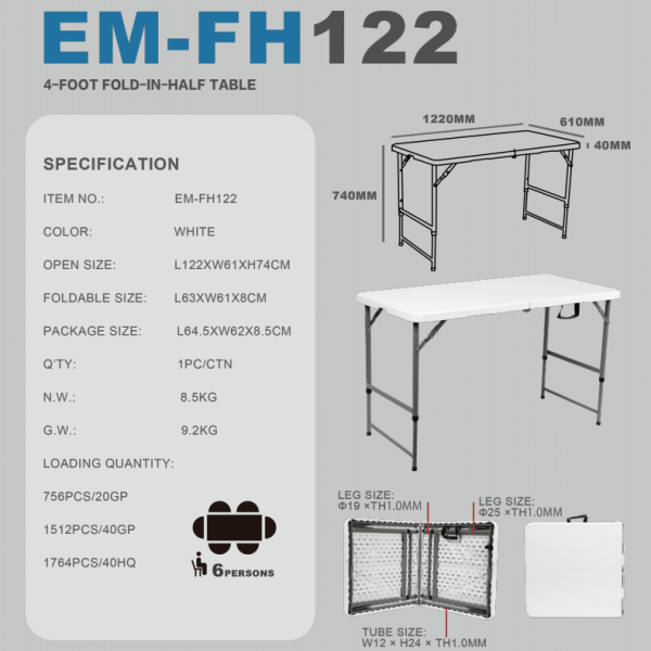FH122(122x61x74CM) 4-FOOT FOLD  IN HALF TABLE 
