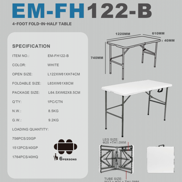 FH122-B(122x61x74CM) 4-FOOT FOLD  IN HALF TABLE 