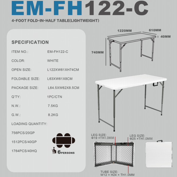 FH122-C(122X61X74CM ) 4-FOOT FOLD  IN HALF TABLE