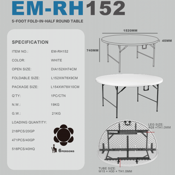 RH152(DIA 152CMx74CM) IN FOLDING ROUND TABLE