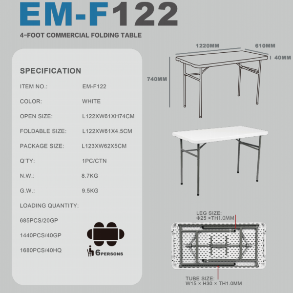 F122(122X61X74CM) 4 FOOT  COMMERCIAL FOLDING TABLE