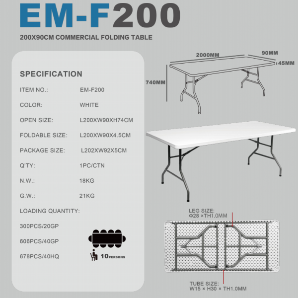 F200(200X90X74CM) COMMERCIAL FOLDING TABLE