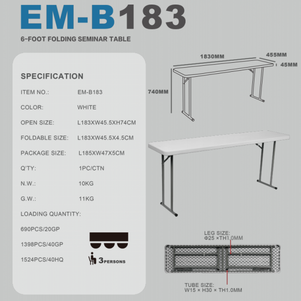 B183(183X45.5X74CM) 6 FOOT FOLDING SEMINAR TABLE 