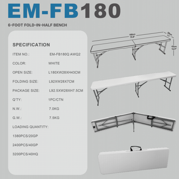 FB180(180X28X43CM) 6 FOOT FOLD IN HALF BENCH