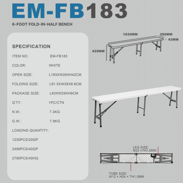 FB183(183X28X42CM) 6 FOOT FOLD IN HALF BENCH
